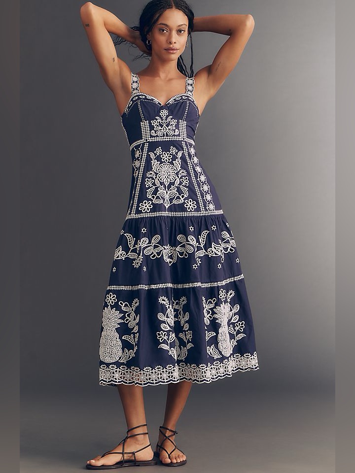 Farm Rio Blue And White Embroidered Midi Dress Xxs Nwt